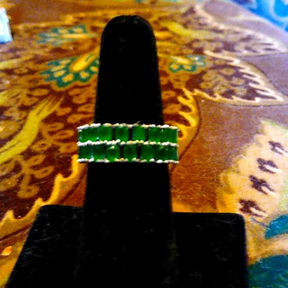 Real Emerald eternity anniversary ring or wedding band. Sterling silver.
